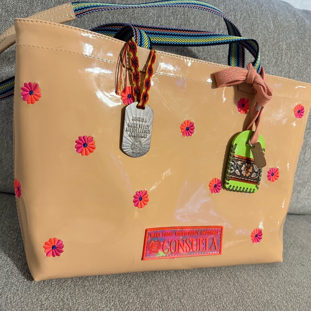 Consuela Peach Tote with Pink Floral Accents